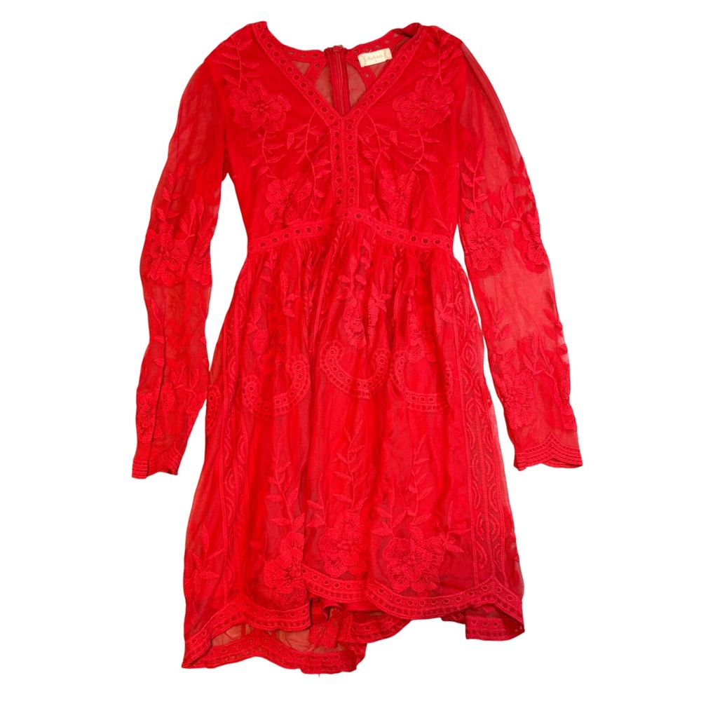 Altar'd State Red Floral Embroidered Lace‎ Mini Dress V-Neck Long Sleeve Small